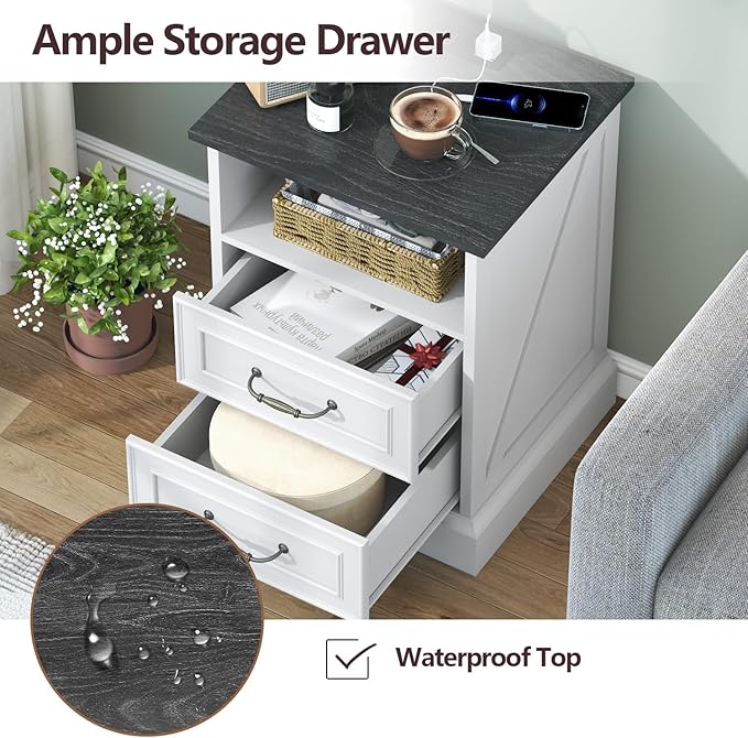 Nightstand with Charging Station Set of 2,18" Wide End Table with 2 Drawers & Metal Handles,Rustic Farmhouse Wood Small Dresser,Bedside Table,Modern Chest of Drawers for Bedroom,Living Room, Off White