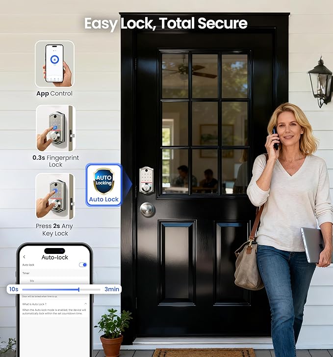 Veise VE017-K Fingerprint Smart Lock with 2 Knobs, App Control, Keyless Entry Front Door Lock with Handle Set, Electronic Digital Touchscreen Keypad Deadbolt, IP55 Waterproof, Auto-Lock, Satin Nickel
