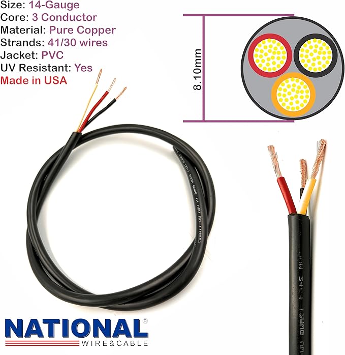 NATIONAL Wire & Cable – 14 AWG 3-Conductor Premium Copper Wire, 50 ft, Stranded | Made in USA, Heavy-Duty Flexible Jacket | Automotive, Low Voltage, LED, Lights, DIY, Indoor and Outdoor Use5