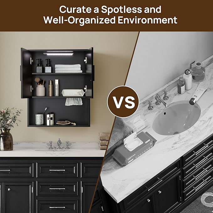 Modern Fluted Bathroom Wall Cabinet with Motion Sensor LED Light, Black Over The Toilet Storage with Tissue Dispenser, Soft-Close Hanging Medicine Cabinet with Adjustable Shelves & Open Rack