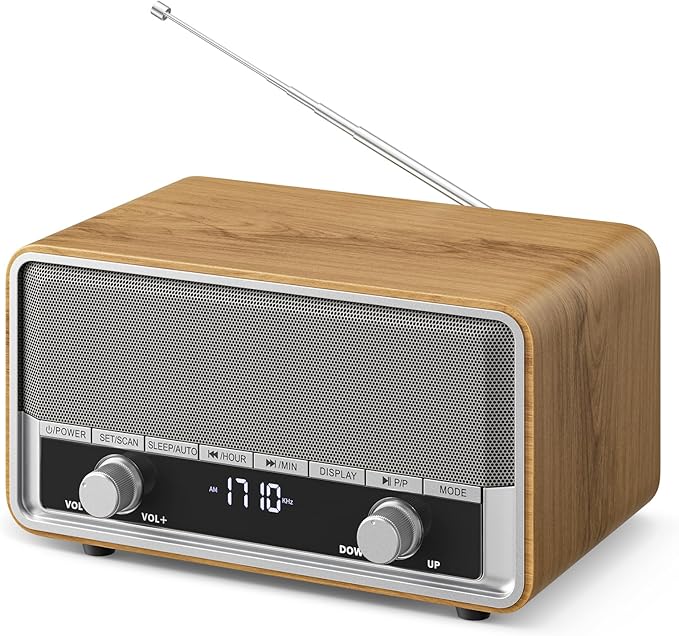 Vintage Wood AM FM Bluetooth Radio with Clock, Digital Clock Radio for Bedroom with LCD Display | 40 Presets | Sleep Timer | No Alarm, Retro Bluetooth Speaker for Office, Kitchen (Wood)