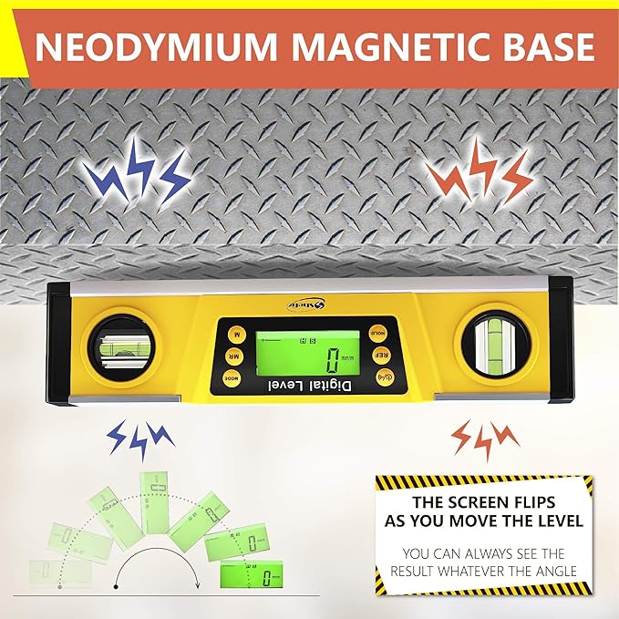 Shefio Digital Level - 10 Inch Torpedo Level And Protractor, Bright Lcd Display, Audio Indicator, Magnetic Base - Includes Batteries And Case