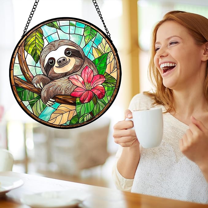 AMDERVEN Stained Glass Window Hanging, Cute Sloth Sun Catcher for Door Home Decor Animal Suncatcher Christmas Mother's Day Birthday Gifts for Women Men Mom and Nana 6.3 in