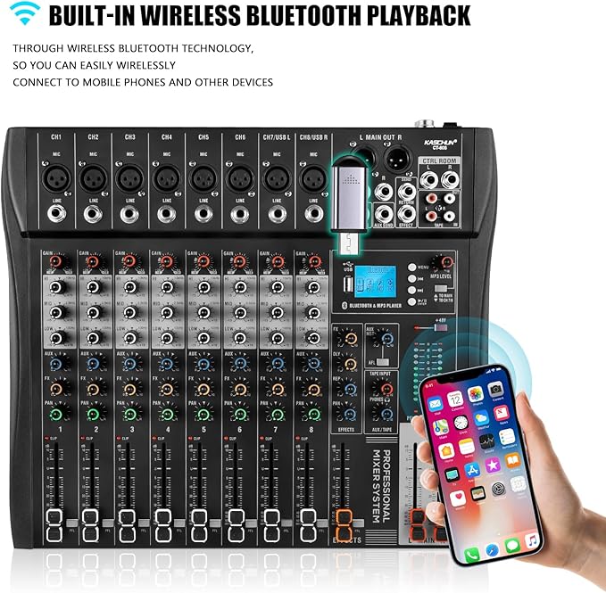 8 Channel Professional Audio Mixer with 48V Phantom Power, USB Audio Interface, Bluetooth & MP3 Player, Sound Board for Podcast, Home Studio, Live Streaming & Recording