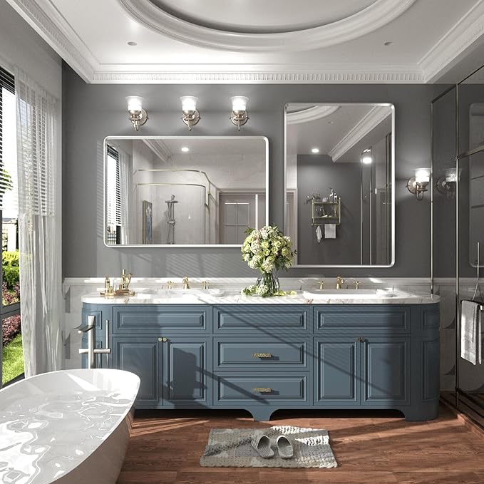 48x32 Inch Silver Bathroom Mirror for Wall, Silver Metal Framed Mirror, Rounded Rectangle Mirror, Beveled Border, Anti-Rust, Shatterproof (Horizontal/Vertical)