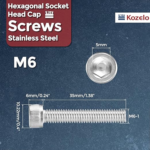Kozelo 20pcs Socket Head Cap Screws - [M6-1 x 35mm] 304 Stainless Steel Allen Socket Drive for Electrical Motor 3D Printing Fan Engine Replacement Use, Silver