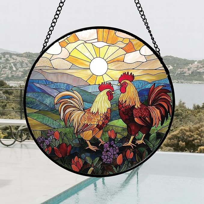 AMDERVEN Stained Glass Window Hanging, Countryside Scenery Chicken Sun Catcher for Door Home Decor Sunrise Suncatcher Christmas Mother's Day Birthday Gifts for Women Men Mom Nana 15 in