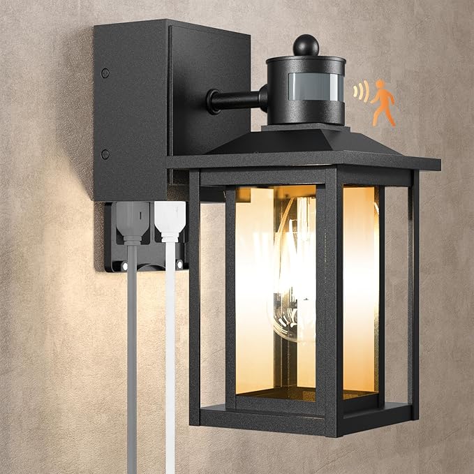 LTBLIGHT Motion Sensor Porch Lights with GFCI Outlet, Dusk to Dawn Outdoor Sconce with 3 Modes, Waterproof Exterior Light Fixture for House, Front Door, Garden, Garage, 120V