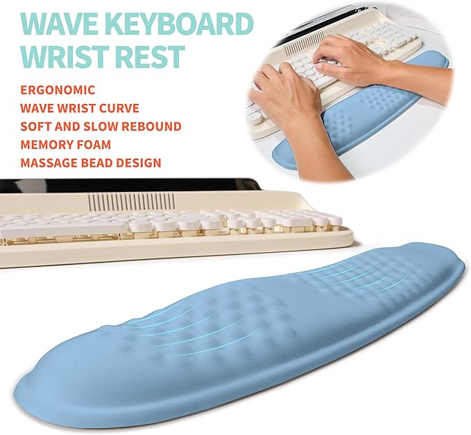 KUOSGM 2-in-1 Ergonomic Set, Wave Rise Keyboard Wrist Rest and Massage Bulge Slope Mouse Pad Wrist Support, Cushion Memory Foam Integrated to Relieve Wrist Pain, Lake Blue