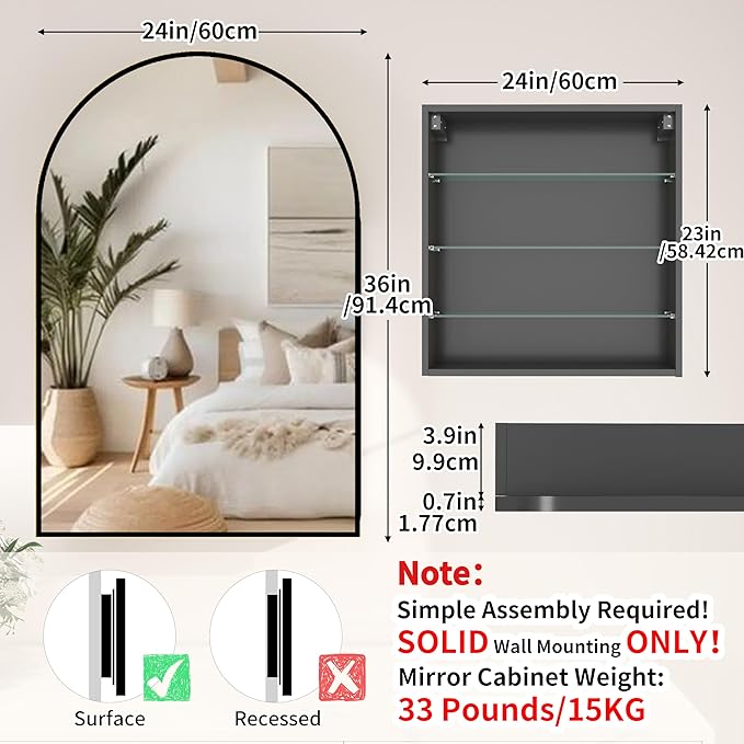 Arched Medicine Cabinet with Mirror,Bathroom Medicine Cabinet with Mirror Wall Mounted,Mirrored Medicine Cabinets with Adjustable Shelves,Not Recessed,24x36 Inch,Black