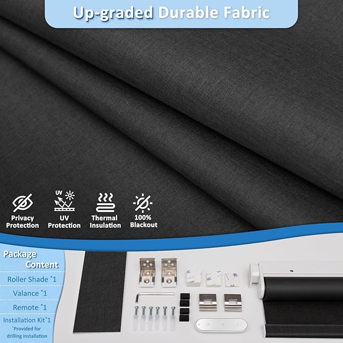 MANSNIX Smart Motorized Blinds with Remote, Cordless No-Drill Automatic Roller Shades, Blackout Electric Blind for Windows, Black, 33 x 72