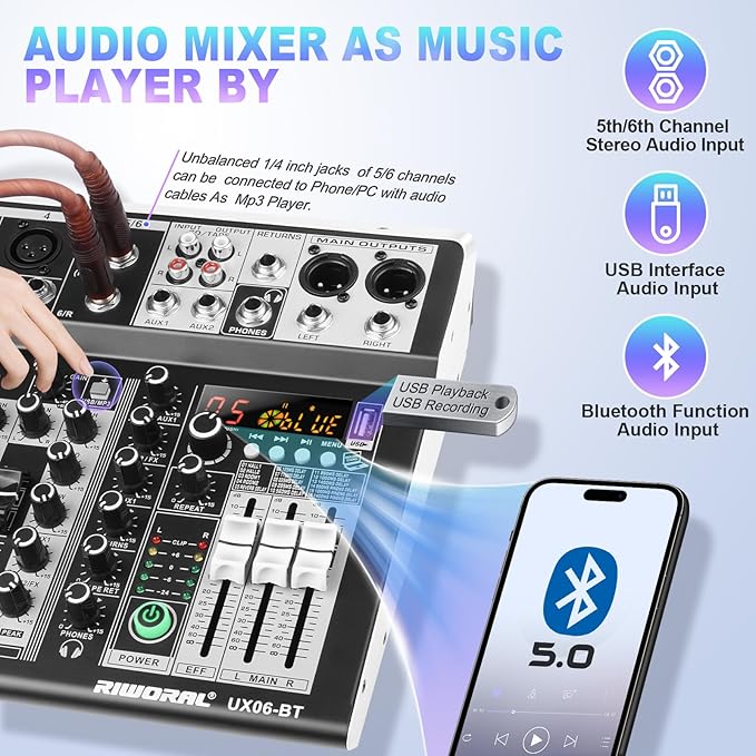 6 Channel Audio Interface Sound Board Mixing Console 16-Bit DSP DJ Mixer Audio Reverb Effect +48V Phantom Bluetooth Studio Audio Mixer For Karaoke Studio Streaming Recording