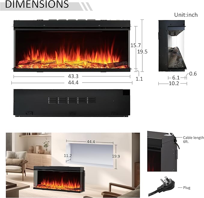 LegendFlame 43" W Smart Build in Electric Fireplace Insert, 1-2-3 Sided View, Heater 750W/1500W, Multi Colors of Flame & Fuel Bed, Alexa Enabled