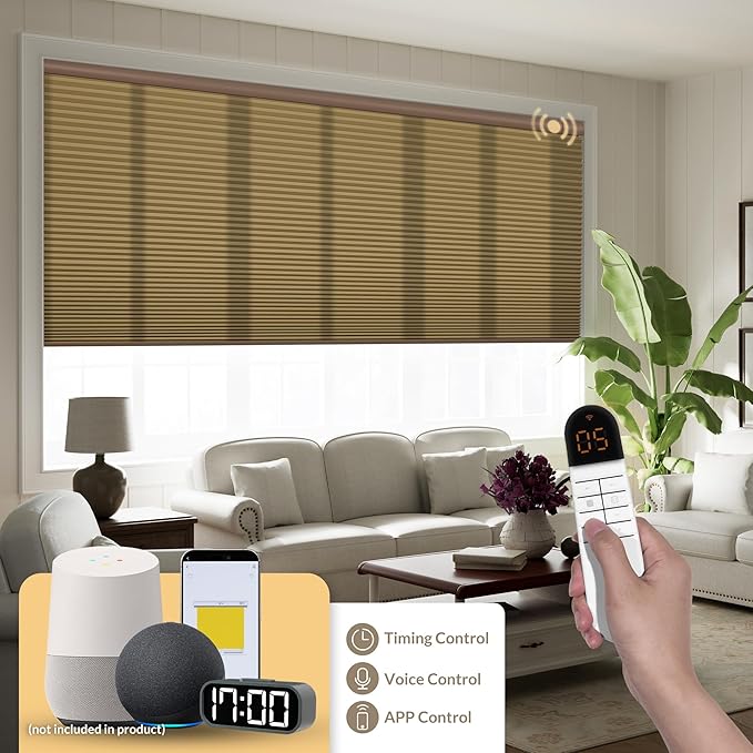 Boolegon No Drill Motorized Cellular Blinds With Remote Motorized Blackout Honeycomb Blinds For Indoor Windows Easy to Install Automatic Cellular Shades For Home,Light Filtering Dark Brown,Custom Size