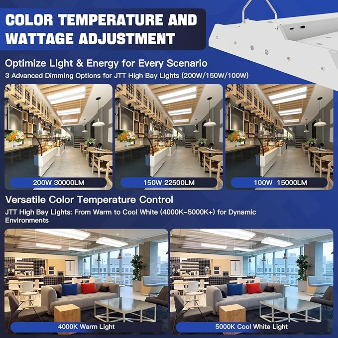 JTT LED Linear High Bay Light,200/150/100W 2FT 30000LM Shop Light Commercial 360° Adjustable 4/5000 CCT Tilt Hanging LED High Bay Shop Lighting Fixtures for Garage Warehouse Workshop Store, ETL 2-Pack