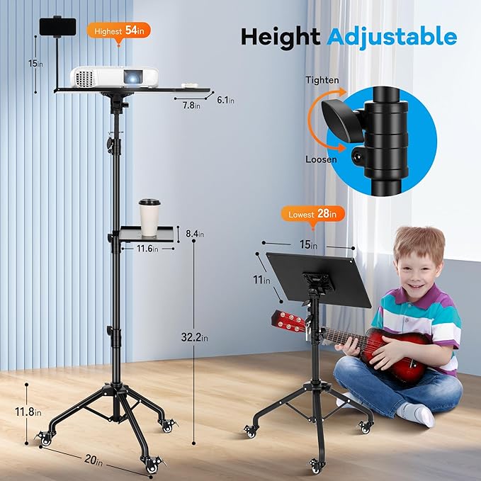 CAHAYA Projector Tripod Stand with Casters: Projector Stand 28-54in Height Adjustable Multifunctional Universal Laptop Stand DJ Rack Stand with Adjustable Height for Meeting Room DJ Equipment