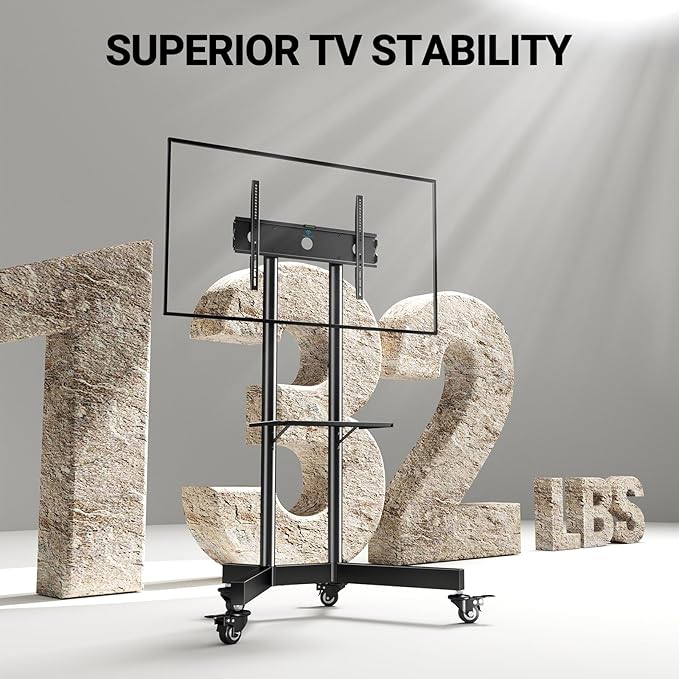 PERLESMITH Rolling TV Stand with Lockable Wheels for 32-85 Inch TVs Holds up to 132 Lbs, Height Adjustable Mobile TV Stand on Wheels with Laptop Shelf, Rolling Tv Cart Max VESA 600x400mm PSTVMC01