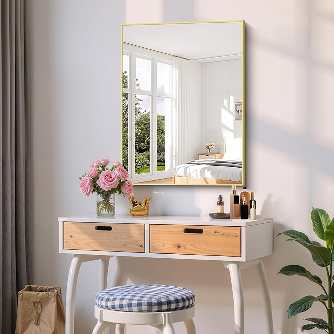 Gold Bathroom Mirror for Wall, 24x32 Inch Rectangle Mirror with Metal Frame, Modern Vanity Mirrors for Bathroom Living Room, Entryway Hangs Horizontal or Vertical