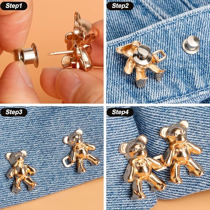 TOOVREN Cute Bear Button Pins for Jeans, No Sew and No Tools Instant Pant Waist Tightener, Adjustable Jean Buttons Pins for Loose Jeans 4 Sets Replacement Pant Clips for Waist Buckle