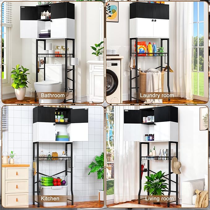 Over the Toilet Storage Cabinet - Freestanding Bathroom Organizer Shelf with Doors, Black & White Over the Toilet Shelves that Separates Wet and Dry Areas, Privacy Protection Above Toilet Storage Rack