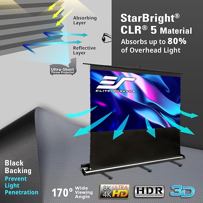 Elite Screens ezCinema Tab-Tension CLR 5, 103-inch Portable Floor-Rising UST Projector Screen, 16:9 ALR Ceiling Light Rejecting Tab-Tension Scissor-Backed Manual Pull-Up+Carry Bag, Black- FT103UH-CLR5