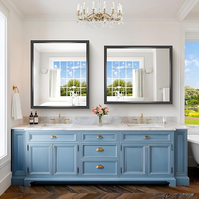 Bathroom Mirror, 42 x 36 Inch Brushed Black Rectangle Mirror, 0.6" Thickened Deep Frame Mirrors for Wall Over Sink, Shatterproof Tempered Glass, Antirust, Horizontally or Vertically