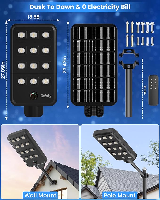 Gefolly G-13000W Solar Street Light Outdoor, Wide Angle Commercial Parking Lot Light Dusk to Dawn 6500K IP67 Flood Security with Motion Sensor Lamp for Yard, Basketball Court