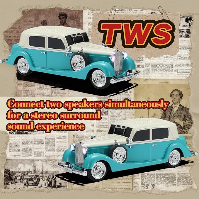 WS-1934 Retro Classic Car Bluetooth Replica Speaker – Wireless HD Sound with FM Radio,TWS Stereo,LED Party Lights,Built-in Microphone Hands-Free Call, Surprise Portable Gift for Party Use(Green)