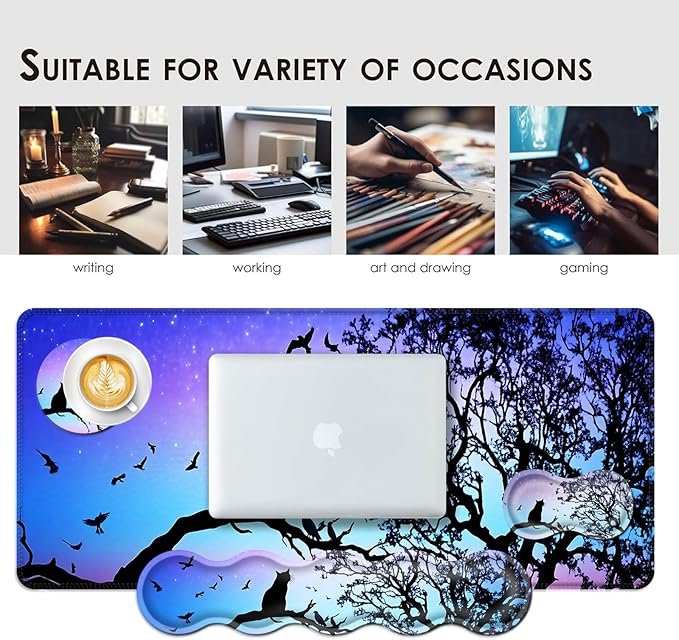 BFUKVOU Large Keyboard Mouse Pad Set, Extended Mouse Pad+Keyboard Wrist Rest Support, Memory Foam Ergonomic Easy Typing, 4Pcs (31.5×11.8 in) Desk Pad Set for Office Home,Black Cat Under Starry Night