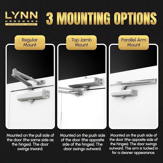 LYNN HARDWARE Heavy Duty Automatic Door Closer (Gold) - Commercial Grade, Contractors Choice, Adjustable Speed & Force, Delayed Closing Timer, 3 Mounting Options, 3 Hour Fire Rated (DC8016 Model)