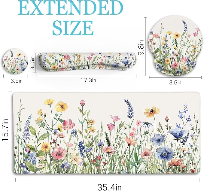 LIMKRIAN Flower Mouse Pad Set Large Desk Matt for Desktop, Ergonomic Mouse Pad with Wrist Rest, Gaming Wrist Support Keyboard Mat Cup Coaster Set Cute Office Desk Decor Accessories