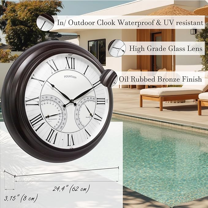 FOUNTAIN DESIGNS 24" Jameson in/Outdoor Lighted Clock, Self-Illuminated, Waterproof, 3 in 1 Weather Station (Thermometer & Hygrometer), Metal Clock, Oil Rubbed Bronze Finish(Night Light)