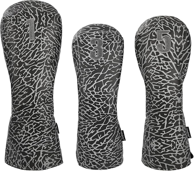 Golf Driver Head Covers 3-Pack for Men & Women - Premium PU Leather with Elephant Embroidery, Double Elastic Band (Driver/Fairway/Hybrid), Waterproof & Durable - White Grey or Black Grey