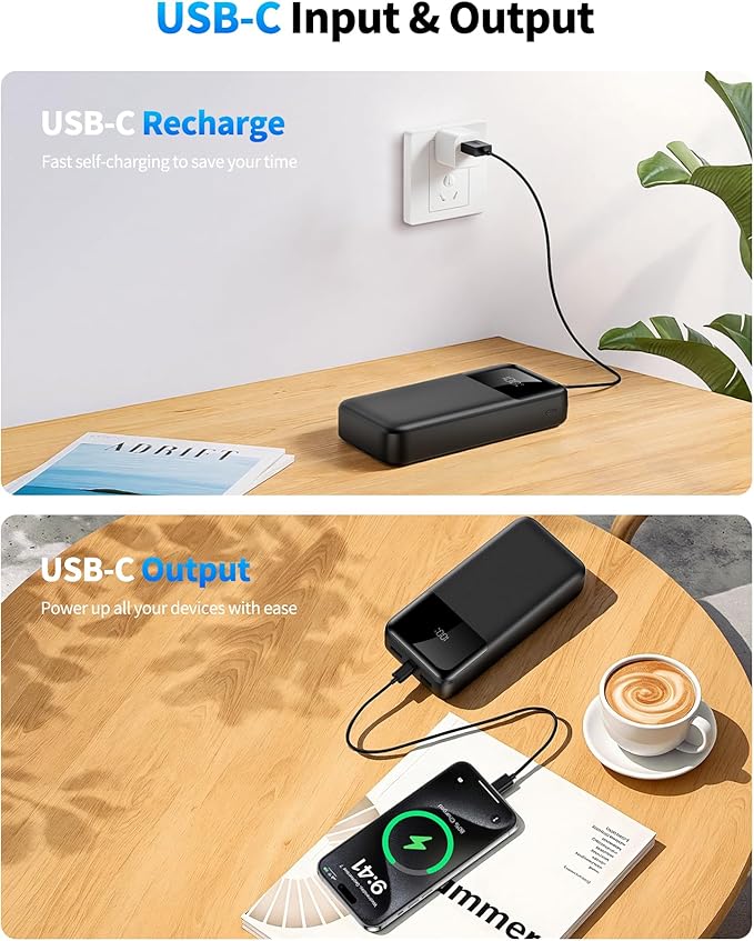 Portable Charger, 40000mAh Power Bank 22.5W Fast Charging, Built-in 2 Output Cable, Type-C Mobile Charger 5 Devices Simultaneously LCD Display for iPhone and Android Phones and Most Electronic Devices