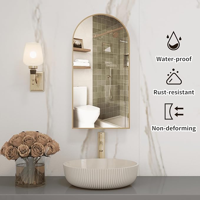 Gold Medicine Cabinet Mirror,Left or Right Opening,Arched Medicine Cabinet Mirror Wall Mounted,Bathroom Mirror with Storage, Adjustable Shelves, Not Recessed, 16x32 inch