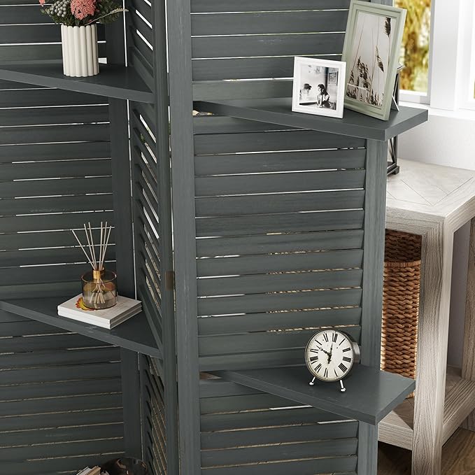 HOMCOM Room Divider, 5 Panel 67" Tall Wood Privacy Screen with 3 Display Shelves, and Folding Storage for Bedroom or Home Office, Gray