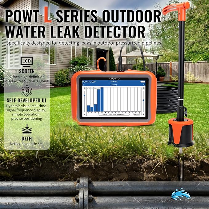 PQWT L2000 Underground Water Leak Detectors for Outdoor Wall Water Pipe Detector Machine Middle Sensor Acoustic Pipeline Leakage Detection Kit Noise Reduction Headphone Smart Touchscreen Carry Case