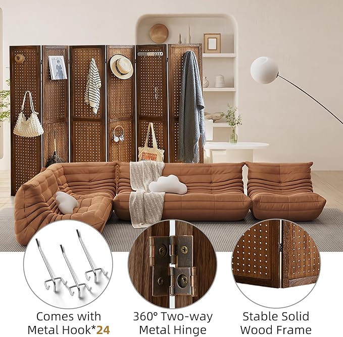 Asnefeli 6 Panel Pegboard Display with 24 Hooks, Wood Room Divider Wall, 5.6Ft Folding Privacy Screen Divider Room, Portable Freestanding Wall Organizer for Bedroom Reading Room(Dark Brown)