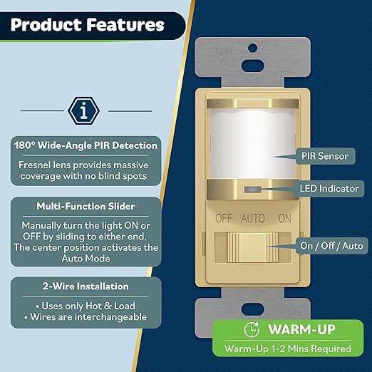 TOPGREENER Occupancy/Vacancy PIR Motion Sensor Light Switch, CDS Sensor with Learning Function, No Neutral Required, 200W Incandescent / 150W LED Load, UL Listed, Screwless Wall Plate, Gold
