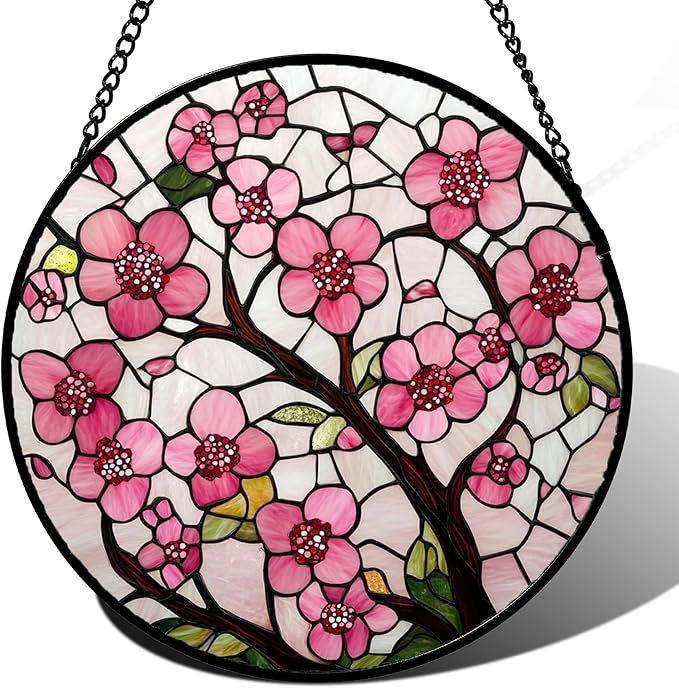 CRISGIF Stained Glass Window Hanging - Cherry Blossoms Birth Flower Suncatcher for Door Garden Patio Sun Catchers Decor Christmas Mother's Day Birthday Gifts for Women Mom Nana Friend Wife 6.3 in