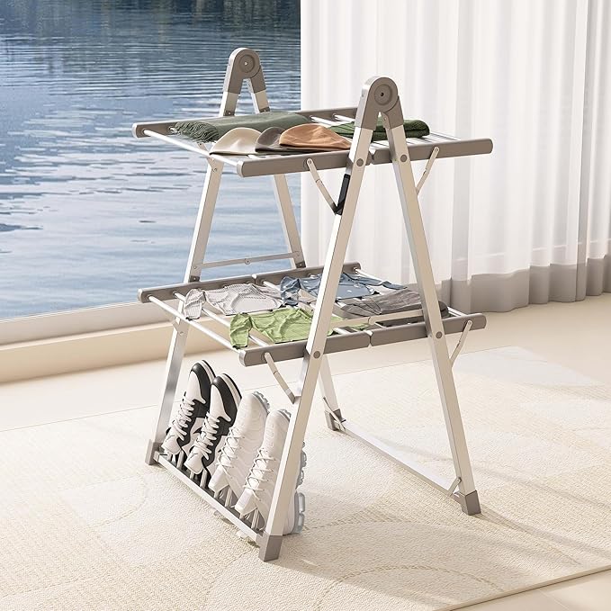 SHARNDY Electric Heated Clothes Drying Rack,Foldable Heated Garment Dryer with Timer Shut-Off Laundry Rack for Clothes Shoes Socks,Aluminum Alloy,Silvery Gray,Plug & Play,(39.37x25.98x23.82in)