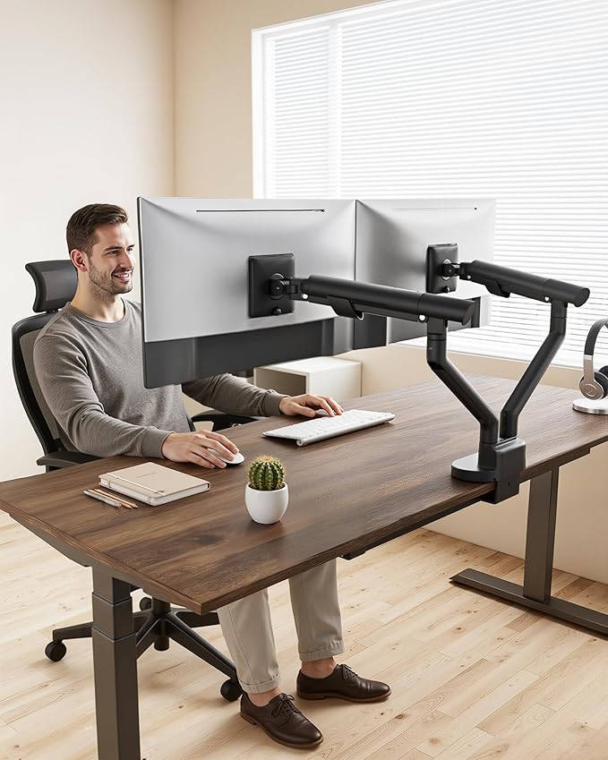 monTEK Dual Monitor Stand for 2 Screens 17 to 35 Inch, Heavy Duty Monitor Mount Arm, VESA Mount Desk Stand with C-Clamp/Grommet Base, Holds up to 24.3 lbs Per Arm, VESA 75/100mm, MA1010BK-D