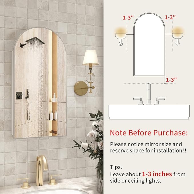 Silver Medicine Cabinet with Arched Mirror, Left or Right Opening, Mirrored Medicine Cabinet Wall Mounted, Bathroom Vanity Mirror with Storage, Adjustable Shelves, Not Recessed, 16x32 inch