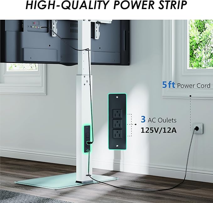 FITUEYES Floor TV Stand for 32-75 inch TV with Power Outlet, Tall TV Stand for Bedroom Living Room with Tempered Glass Base, Floor TV Mount Holds Up to 88lbs MAX VESA 600x400mm,Black