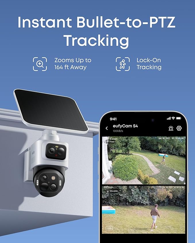 eufy Security eufyCam S4 4-Cam Kit,4K Solar Camera Wireless Outdoor, Triple Lens Bullet-PTZ Cam, 360° View, Cross-Cam Track, Al Recognition, 8X Zoom, Color Night Vision, 0 Monthly Fee, Local Storage