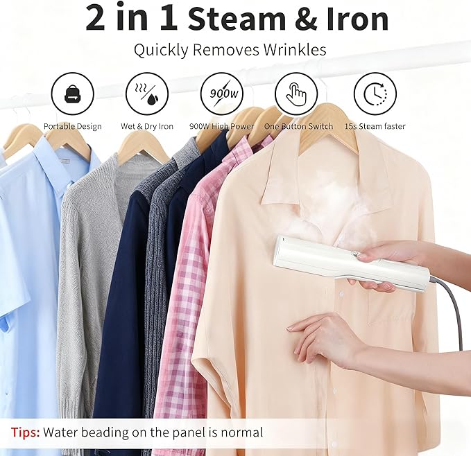 Portable 3-in-1 Clothes Steamer Iron - Handheld Mini Steam Iron, Wet & Dry Ironing, 15s Fast Heat, 900W Powerful Steam, Compact Travel Wrinkle Remover for Home & Office, Includes Travel Bag (120V)