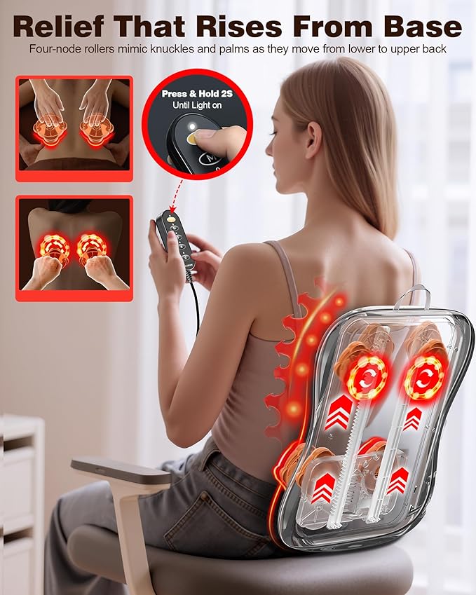 JZBRAIN Shiatsu Back Massager with Heat : Up and Down Rolling Massage - Electric Back Massager for Pain Relief Deep Tissue - Heated Lower Back Massager for Office, Home, Car Use