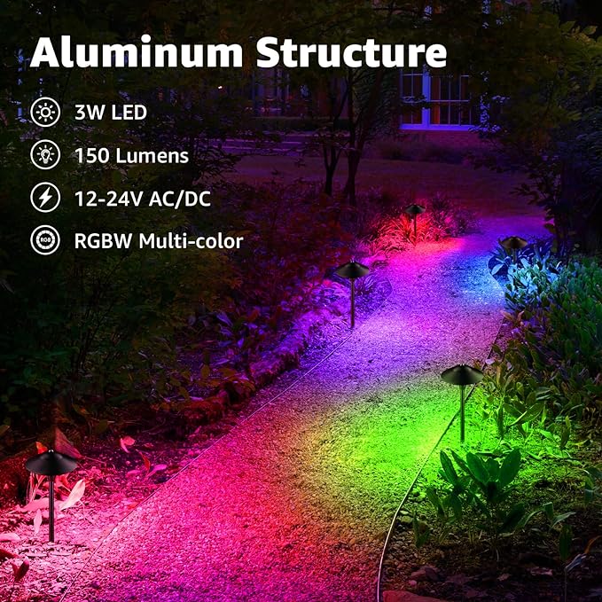 SUNVIE RGBW Low Voltage Pathway Lights 3W Color Changing Landscape Lights 12-24V Multi-Color Path Lights Waterproof for Yard Garden Walkway Holiday Landscape Path Lighting ETL Listed Cord, 4 Pack