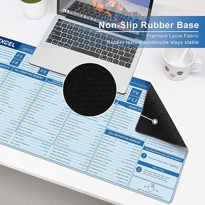 Baziabbo Office Desk Mat, Excel Cheat Sheet Keyboard Mat, Excel Shortcut Desk Pads,Non-Slip Excel Mousepad with Stitched Edges for Computer (Sheet Blue)