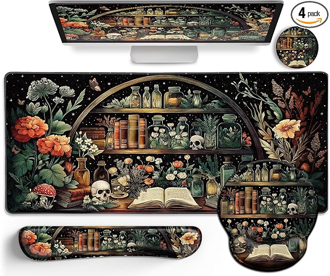 LIMKRIAN Goth Skull Mouse Pad Set Large Desk Mat for Desktop, Ergonomic Mouse Pad with Wrist Rest for Gaming, Keyboard Mat Wrist Support Cup Coaster Set, Gothic Office Desk Accessories Decor Supplies